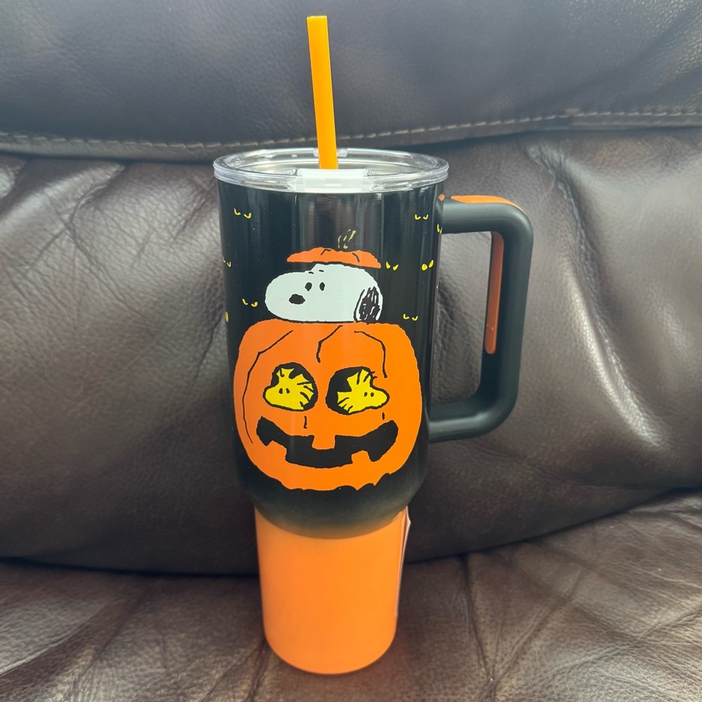 Happy Halloween Snoopy & Woodstock in Pumpkin Stainless Steel Travel Tumbler